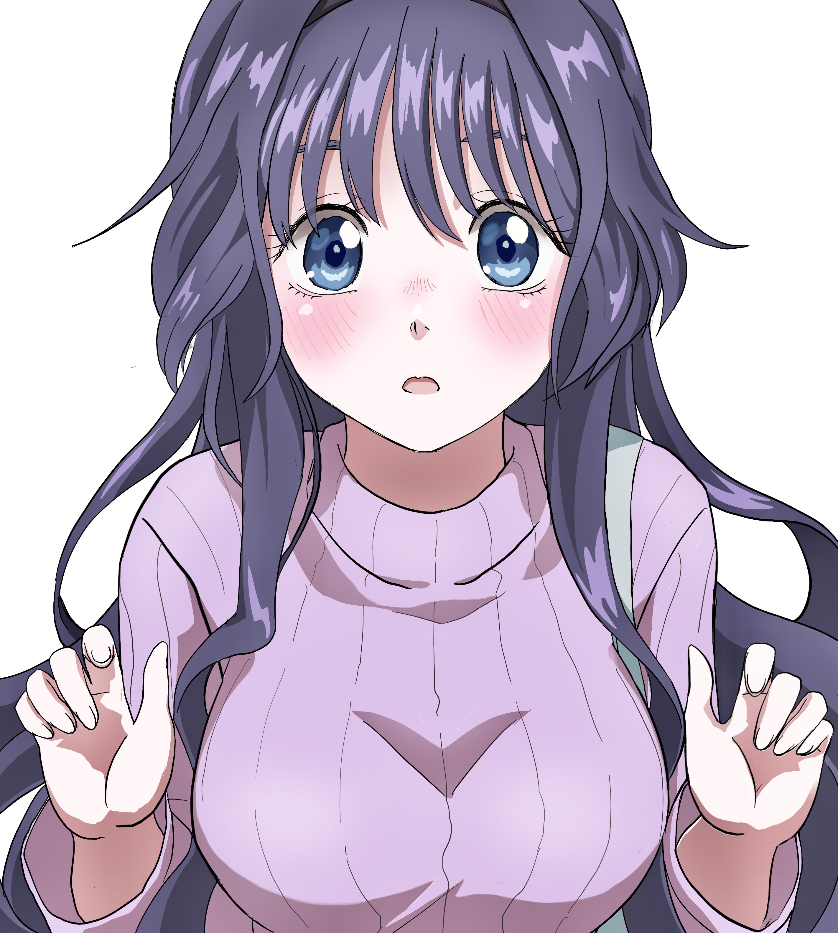masasim, waguri kaoruko, kaoru hana wa rin to saku, absurdres, commentary request, highres, 1girl, black hair, blue eyes, blush, breasts, hands up, large breasts, long hair, long sleeves, looking at viewer, parted lips, pink sweater, ribbed sweater, simple background, solo, straight-on, sweater, turtleneck, turtleneck sweater, upper body, wavy hair, white background, wispy bangs
