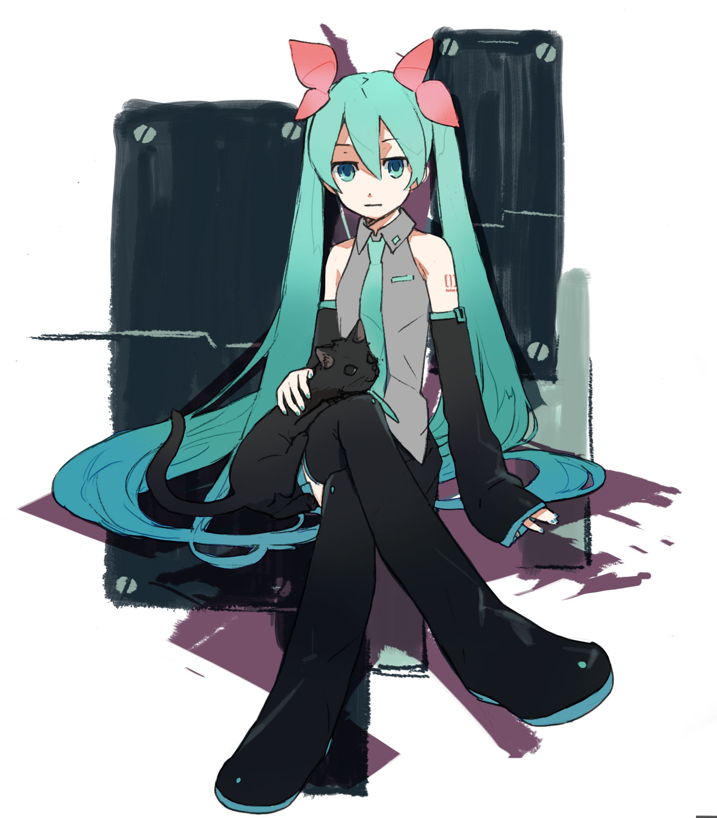 mitosa, hatsune miku, vocaloid, highres, 1girl, boots, cat, crossed legs, detached sleeves, expressionless, female focus, green hair, hair ribbon, long hair, ribbon, sitting, solo, thigh boots, thighhighs, twintails