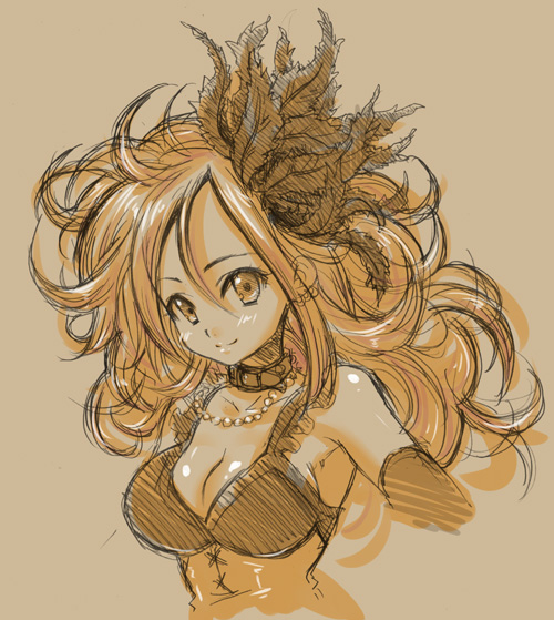 setia, dragon quest, dragon quest swords, 1girl, breasts, cleavage, collar, corset, feather hair ornament, feathers, female focus, gem, hair ornament, jewelry, monochrome, necklace, pearl (gemstone), sepia, smile, solo