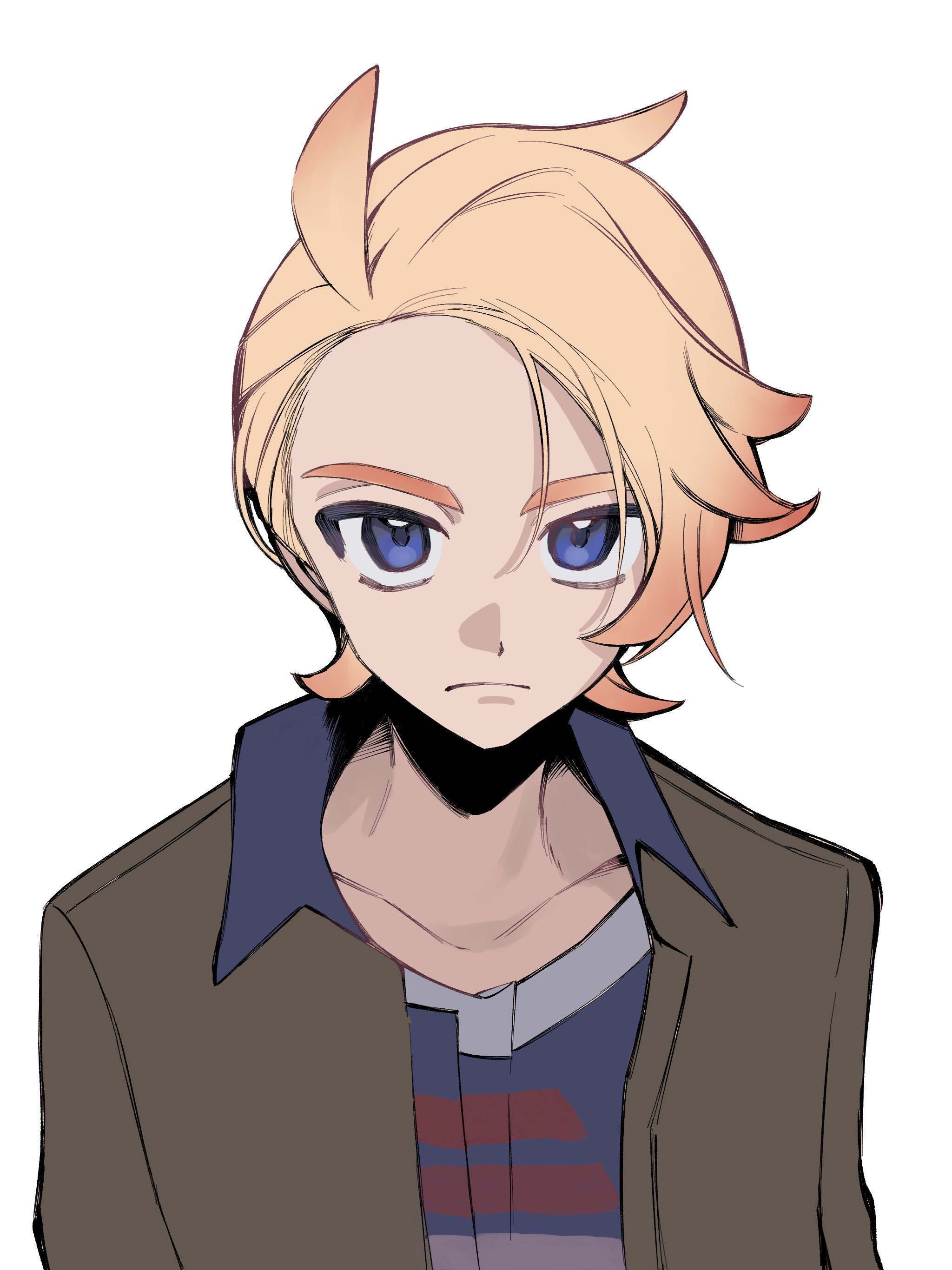 hei tai (kyaputen1), urbain (pokemon), nintendo, pokemon, pokemon legends: z-a, absurdres, commentary request, highres, 1boy, blonde hair, blue eyes, brown jacket, closed mouth, collarbone, collared jacket, hair between eyes, jacket, looking at viewer, male focus, open clothes, open jacket, print shirt, shirt, simple background, solo, upper body, white background