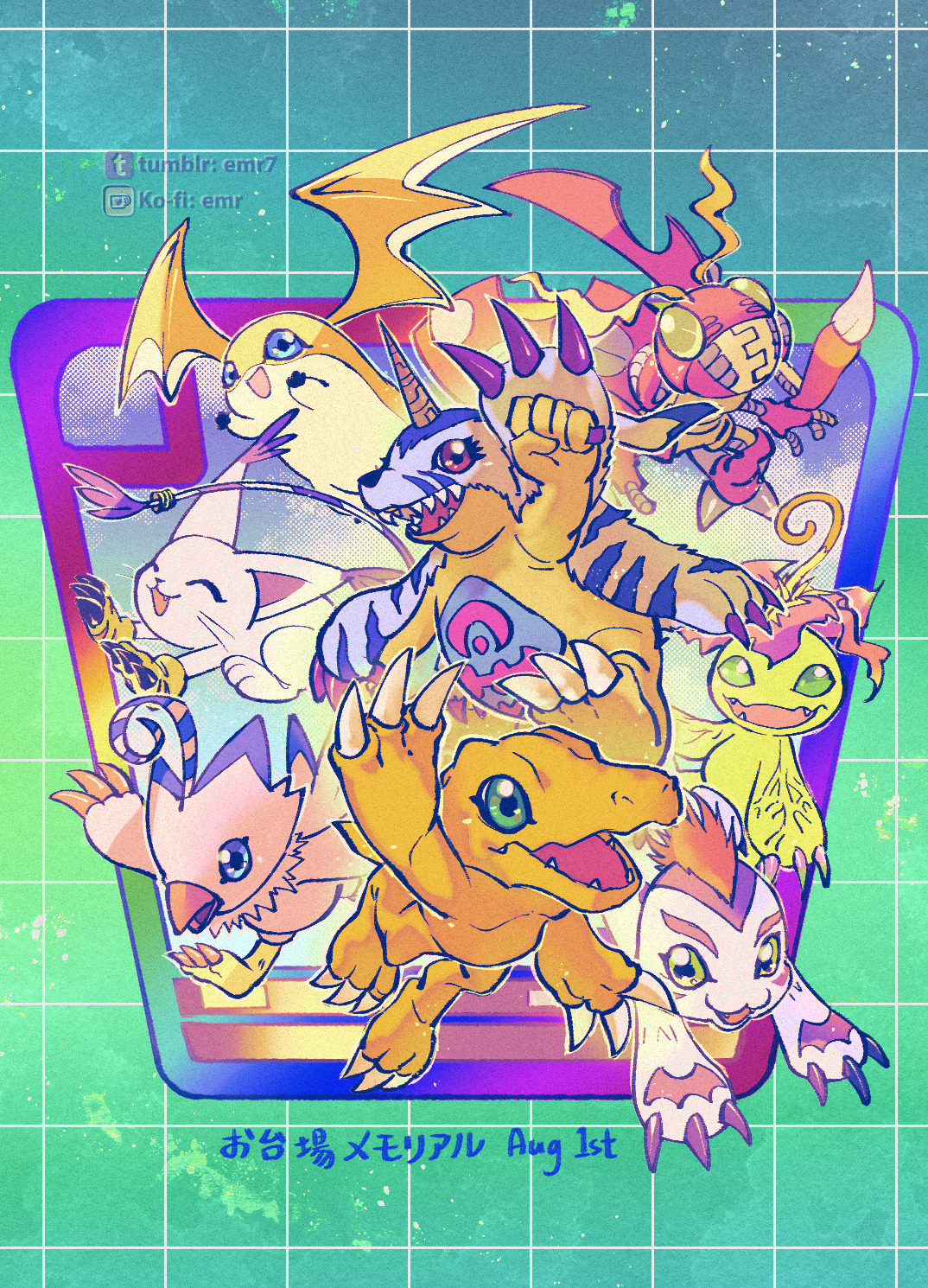 agumon, gabumon, gomamon, palmon, patamon, piyomon, tailmon, tentomon, digimon, digimon adventure, highres, animal hands, antennae, black claws, blue eyes, blue fur, bug, card, claws, closed eyes, colored skin, digimon (creature), digimon day, dinosaur, emr7, gloves, green eyes, grid background, holy ring, horns, lizard, mohawk, orange skin, paw gloves, plant monster, red claws, red eyes, single horn, striped tail, tail, tail ornament, tail ring, whiskers, wings