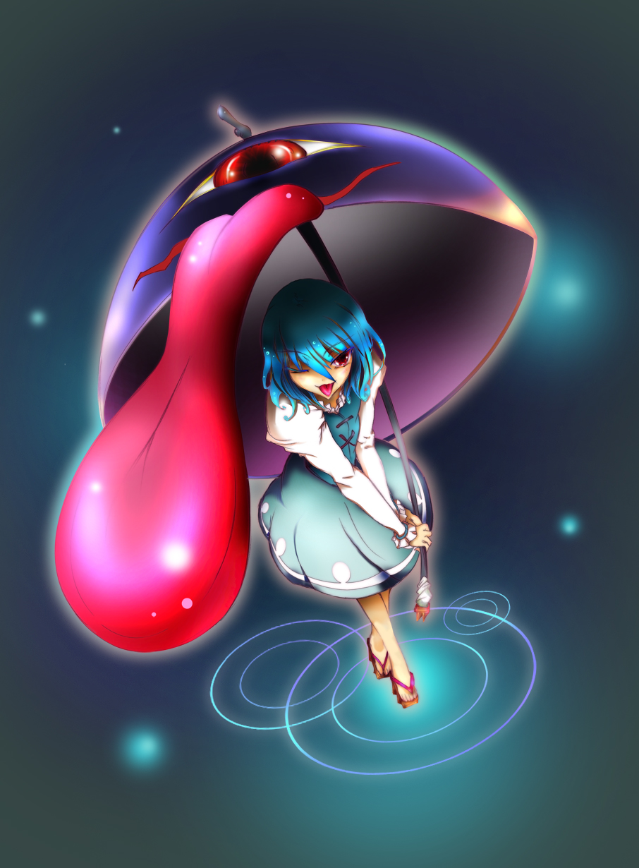 te.to.ra, tatara kogasa, touhou, highres, 1girl, :p, blue hair, female focus, geta, karakasa obake, red eyes, sandals, short hair, solo, standing, tongue, tongue out, umbrella, wink