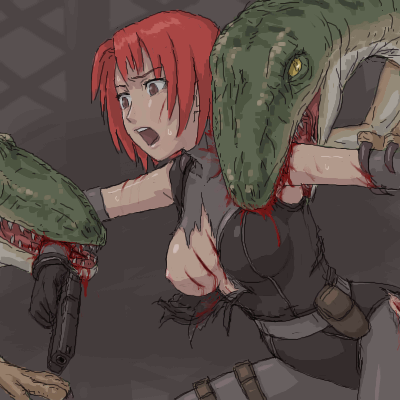 capcom guro guy, regina (dino crisis), capcom, dino crisis, lowres, 1girl, blood, breasts, defeat, dinosaur, ero guro, female focus, gun, guro, handgun, hard vore, imminent death, oekaki, open mouth, peril, pistol, predator and prey, red hair, solo, torn clothes, vore, weapon