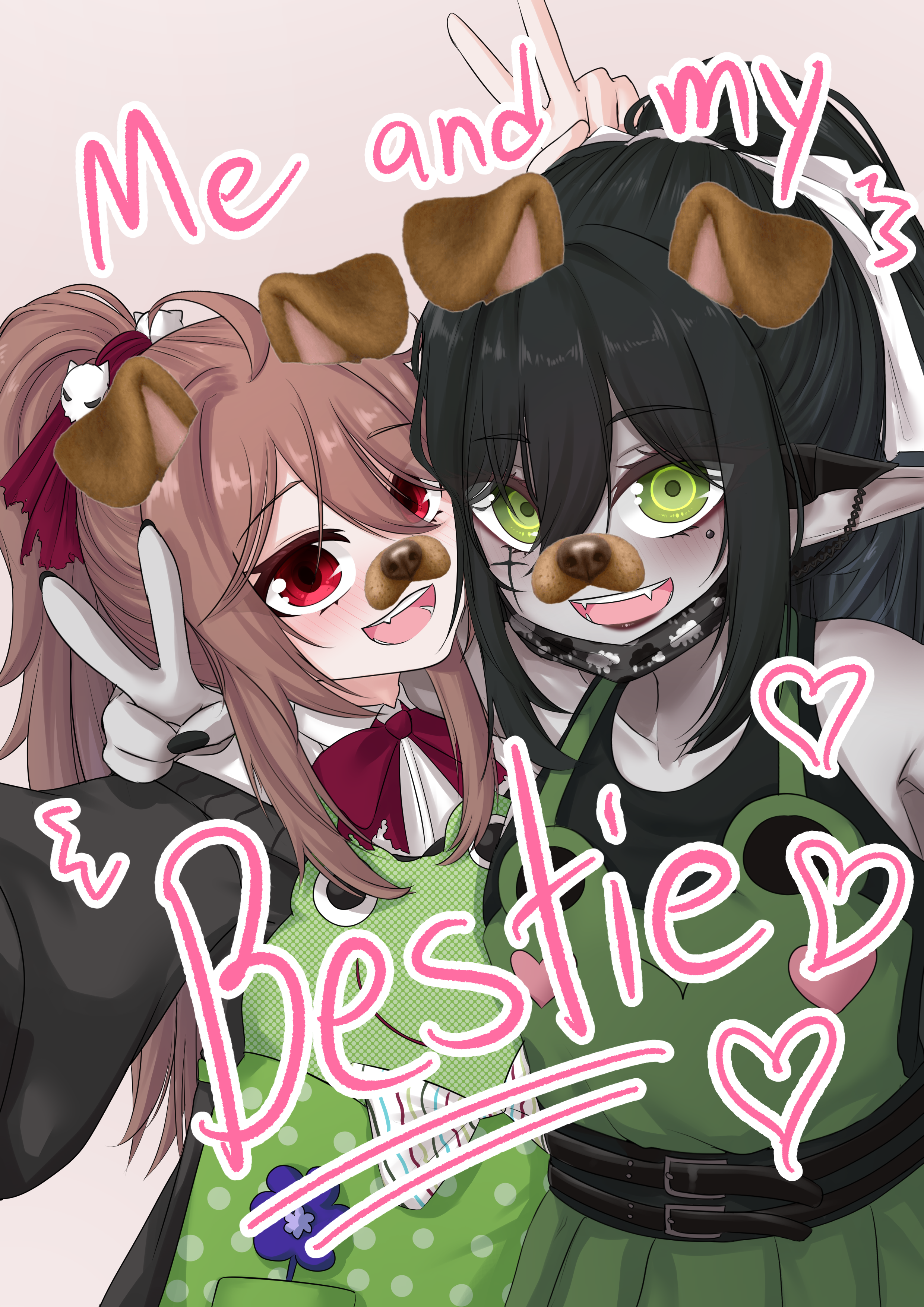 monotoxy, ritspi, evil neuro-sama, layna lazar, neuro-sama, indie virtual youtuber, absurdres, highres, ahoge, animal ears, animal print, apron, black cardigan, black hair, black nails, black shirt, bow, bowtie, cardigan, dog ears, dog snout, english text, frog apron, frog print, green apron, green eyes, hair ornament, heart, long hair, nail polish, open mouth, pale skin, ponytail, red bow, red bowtie, red eyes, shirt, skull hair ornament, smile, speech bubble, standing, v, vedal ai, white shirt