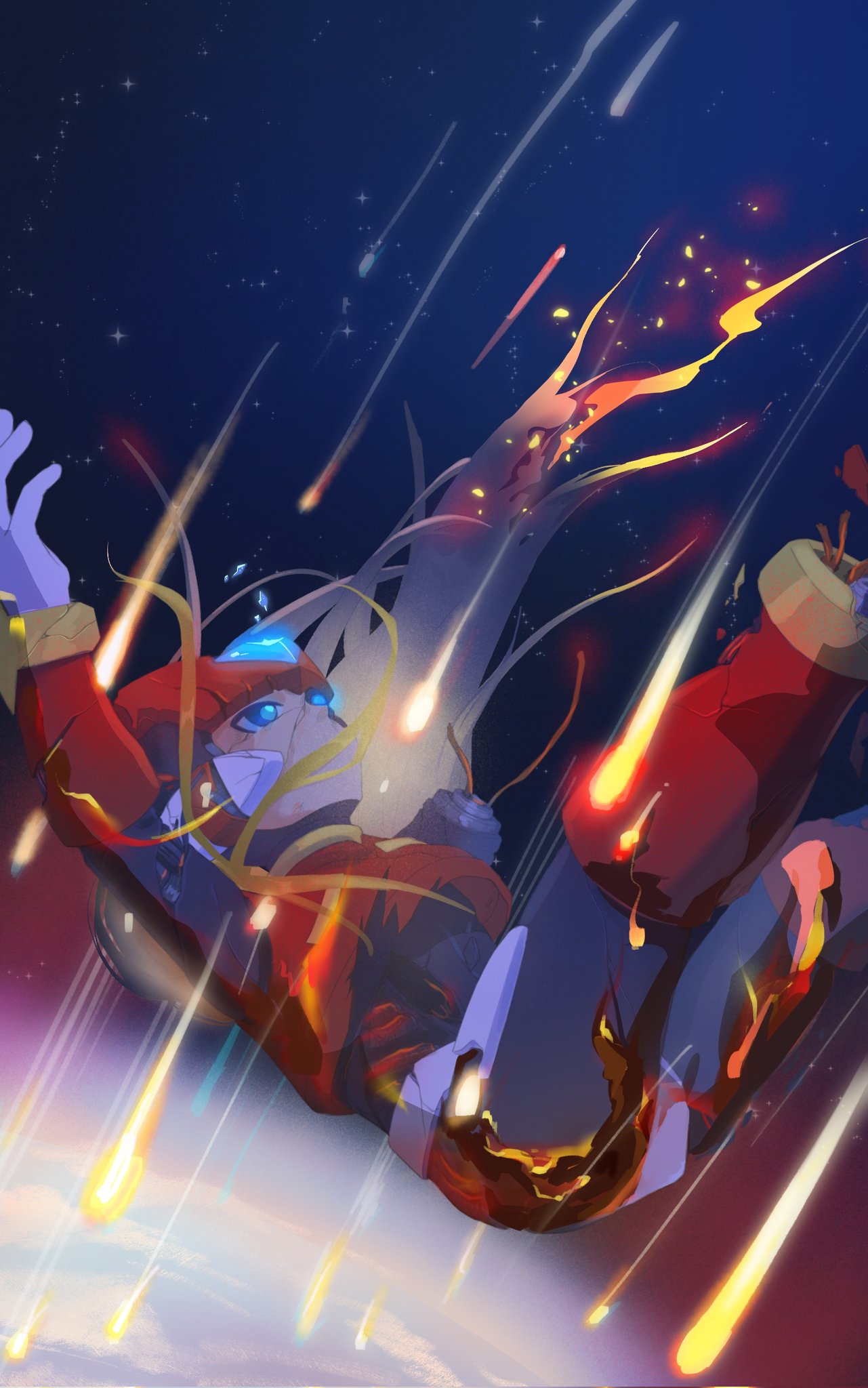 mr cairox, zero(z) (mega man), zero (mega man), mega man (series), mega man zero (series), mega man zero 4, highres, 1boy, armor, battle damage, blonde hair, blue eyes, earth (planet), forehead jewel, helmet, long hair, male focus, planet, red armor, red helmet, solo, space