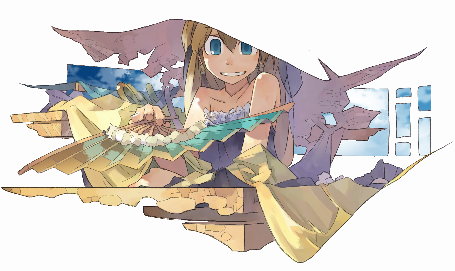 akitsu taira, original, highres, bare shoulders, blending, blonde hair, blue eyes, earrings, fantasy, hand fan, hat, jewelry, sky