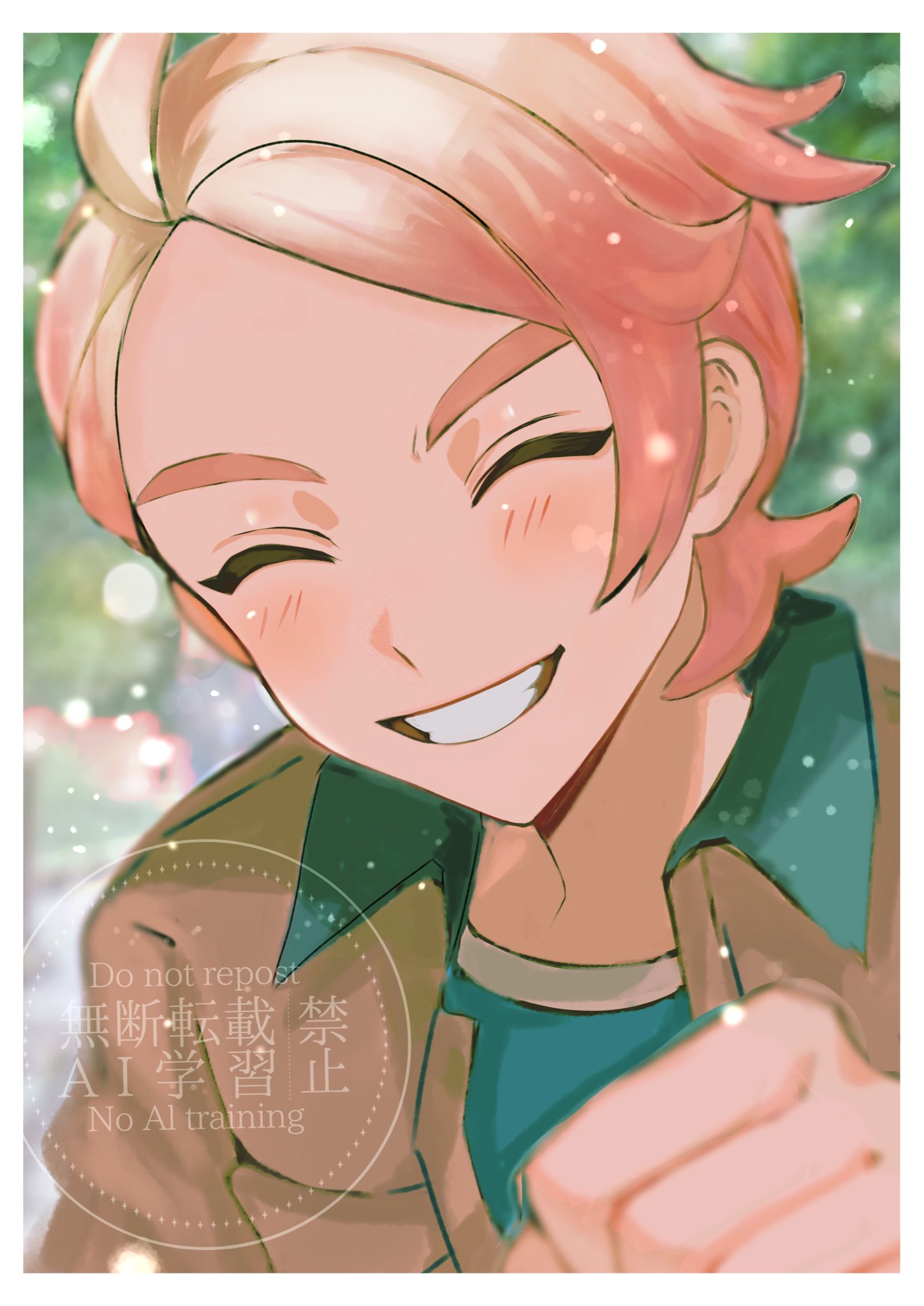 mofumofuyarou, urbain (pokemon), nintendo, pokemon, pokemon legends: z-a, commentary, highres, 1boy, blonde hair, blurry, blush, border, brown jacket, closed eyes, collared jacket, depth of field, grin, hand up, happy, jacket, male focus, shirt, smile, solo, teeth, upper body, watermark, white border