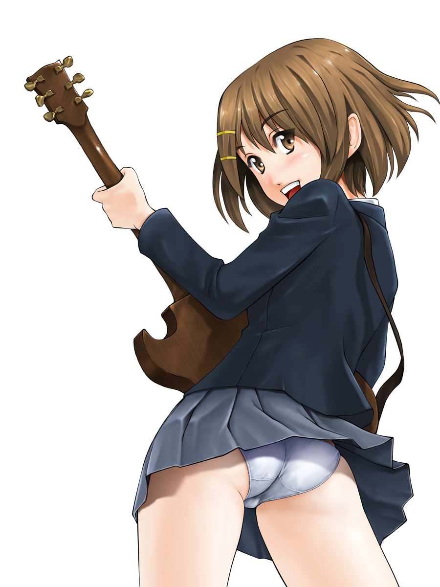 mongai, hirasawa yui, k-on!, highres, 00s, 1girl, ass, back, blazer, blush, brown eyes, brown hair, cameltoe, electric guitar, female focus, from below, gibson les paul, guitar, hair ornament, hairclip, instrument, jacket, looking back, miniskirt, panties, pantyshot, pleated skirt, school uniform, short hair, skirt, solo, standing, trefoil, underwear, upskirt, white panties
