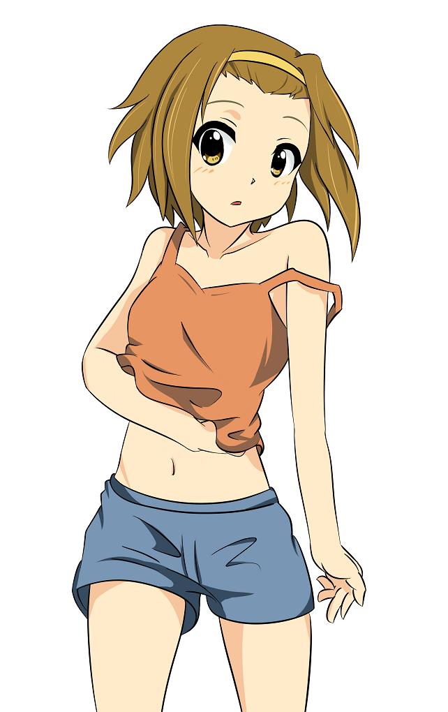 gurio, tainaka ritsu, k-on!, light brown hair, 00s, 1girl, brown eyes, brown hair, female focus, hairband, midriff, orange shirt, shirt, short hair, short shorts, shorts, solo, strap slip, tank top, tomboy