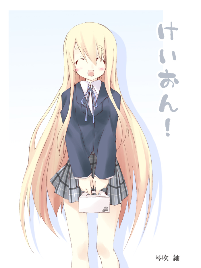 mizuno minato, kotobuki tsumugi, k-on!, eyebrows, bad id, bad pixiv id, 00s, 1girl, blonde hair, box, closed eyes, female focus, gradient background, long hair, open mouth, pastry box, plaid clothes, plaid skirt, school uniform, skirt, solo