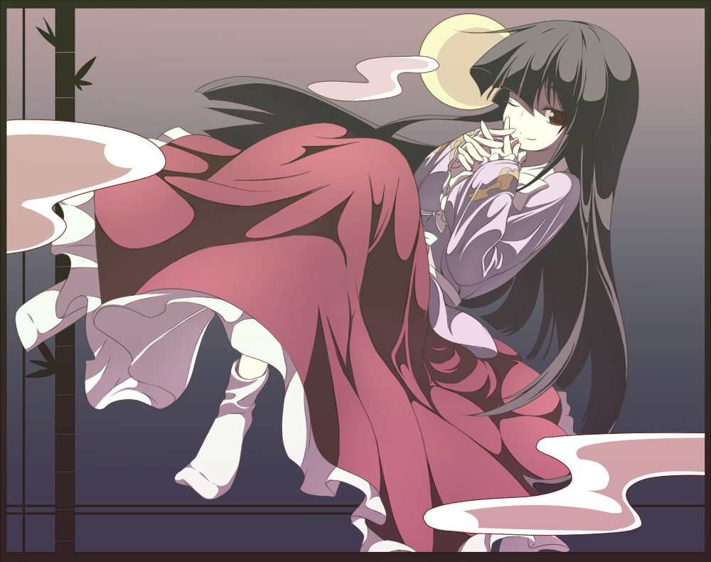 ippaiccha, yudofu, houraisan kaguya, touhou, bad id, bad pixiv id, 1girl, bamboo, black hair, bow, brown eyes, cloud, female focus, full moon, gradient background, hime cut, japanese clothes, kimono, long hair, long sleeves, moon, one eye closed, own hands clasped, own hands together, reclining, smile, socks, solo, wide sleeves, wink