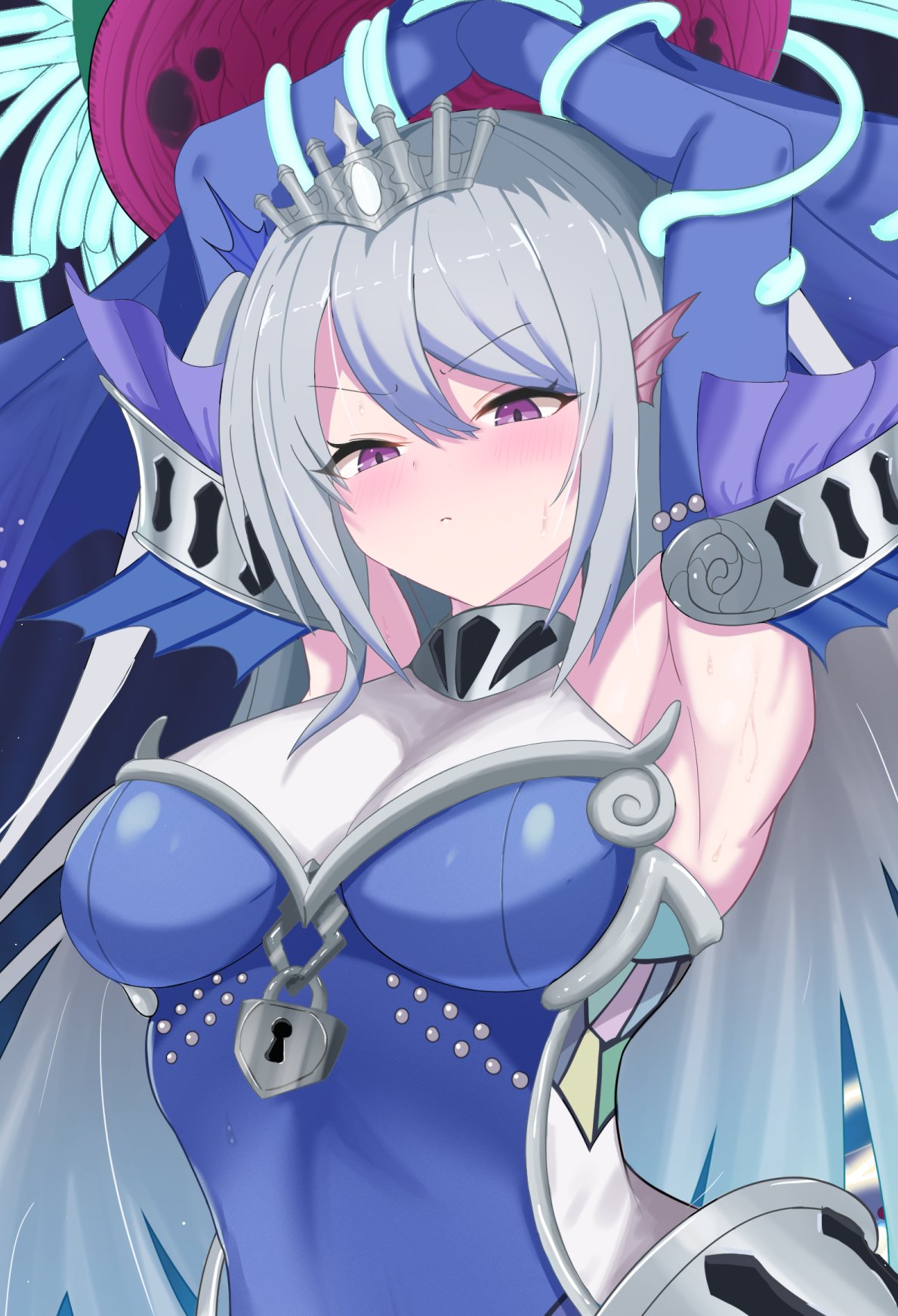 yu-gi-oh!, character request, highres, 1girl, armpits, arms up, breasts, duel monster, grey hair, large breasts, long hair, nien2, purple eyes, solo, upper body