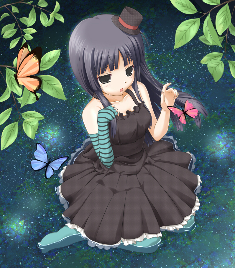 utamaru (konomix), akiyama mio, don't say "lazy", k-on!, striped, bad id, bad pixiv id, 00s, 1girl, black eyes, black hair, blue pantyhose, blunt bangs, bug, butterfly, dress, female focus, fingerless gloves, gloves, hat, hime cut, insect, kneeling, leaf, long hair, mini hat, mini top hat, pantyhose, solo, submerged, top hat, water, wet, wet clothes