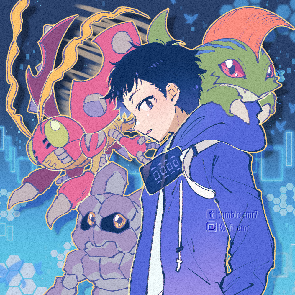 amasawa keisuke, betamon, gottsumon, tentomon, digimon, digimon story, digimon story: cyber sleuth, digimon story: cyber sleuth – hacker's memory, 1boy, black hair, blue background, blue coat, blue eyes, bug, coat, digimon (creature), digivice, emr7, eyewear around neck, golem, looking at viewer, male focus, profile, red eyes, rock, shirt, white shirt, yellow eyes