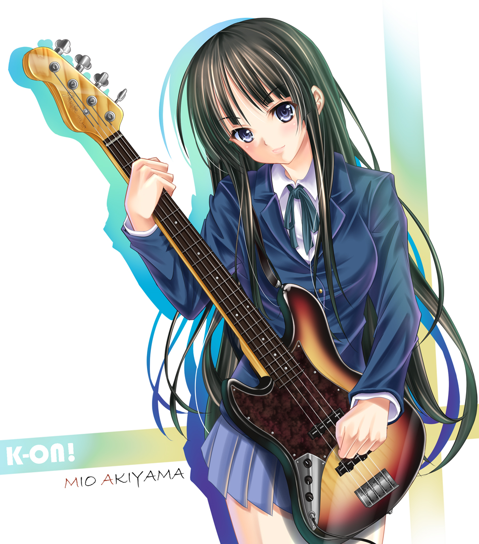 makirin, akiyama mio, k-on!, 00s, 1girl, bass guitar, black eyes, black hair, blue eyes, blunt bangs, blush, character name, copyright name, female focus, hime cut, instrument, long hair, school uniform, smile, solo