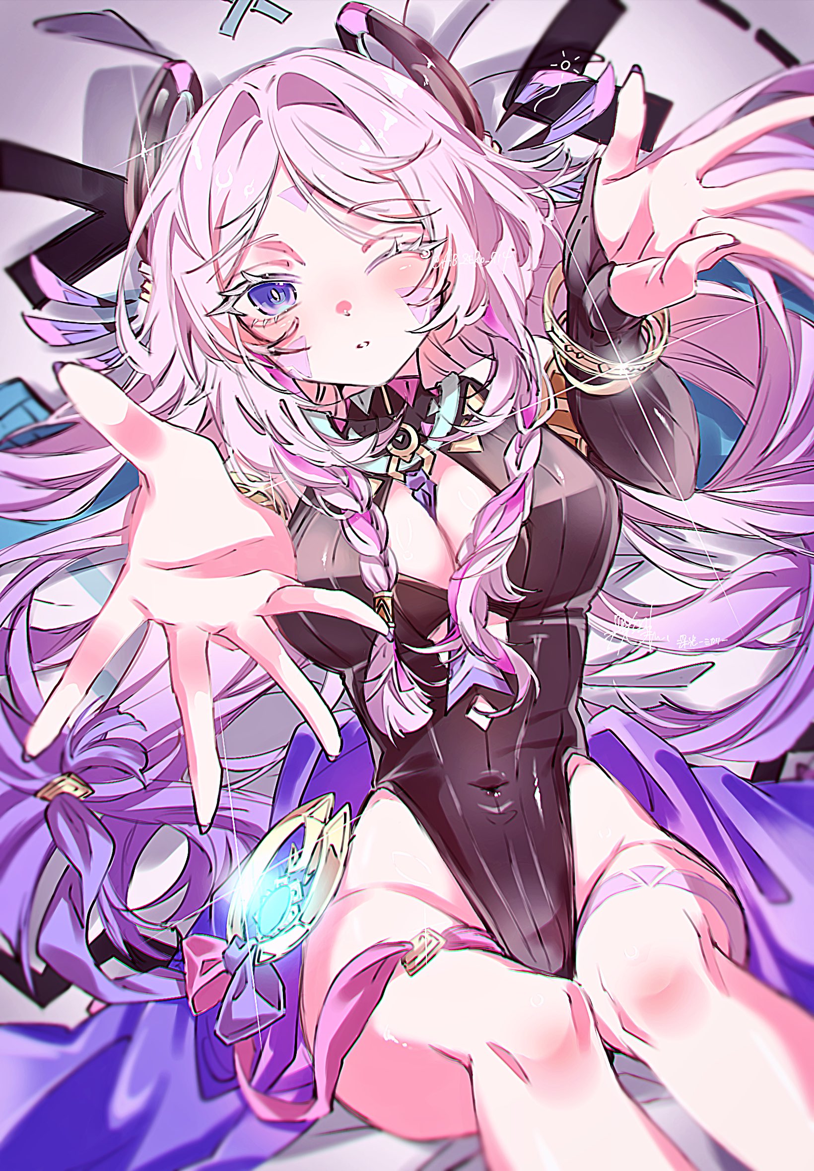 mkr aknk714, citlali (genshin impact), genshin impact, highres, 1girl, black leotard, blue eyes, bracelet, braid, braided sidelocks, breasts, center opening, clothing cutout, elbow gloves, facial mark, floating headgear, glint, gloves, gradient hair, hair intakes, headgear, highleg, highleg leotard, jewelry, leotard, long hair, looking at viewer, medium breasts, multicolored hair, one eye closed, outstretched arms, pink hair, purple hair, reaching, reaching towards viewer, single elbow glove, solo, twin braids