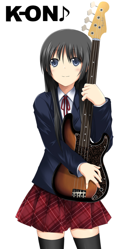 hizumi (artist), hizumi (nanika no shougou), akiyama mio, k-on!, 00s, 1girl, bass guitar, black eyes, black hair, female focus, fender precision bass, guitar, instrument, long hair, plaid clothes, plaid skirt, school uniform, skirt, solo, thighhighs