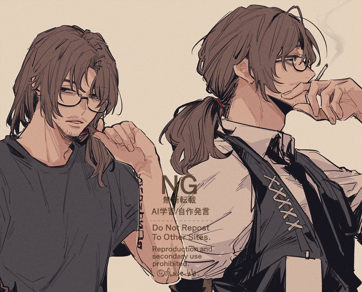 09wave hb, gregor (project moon), limbus company, project moon, 1boy, beard stubble, black necktie, black shirt, black vest, body writing, brown eyes, brown hair, casual, collared shirt, facial hair, glasses, long hair, low ponytail, male focus, necktie, parted lips, ponytail, semi-rimless eyewear, shirt, simple background, smoking, stubble, t-shirt, twitter username, under-rim eyewear, vest, watermark, white shirt