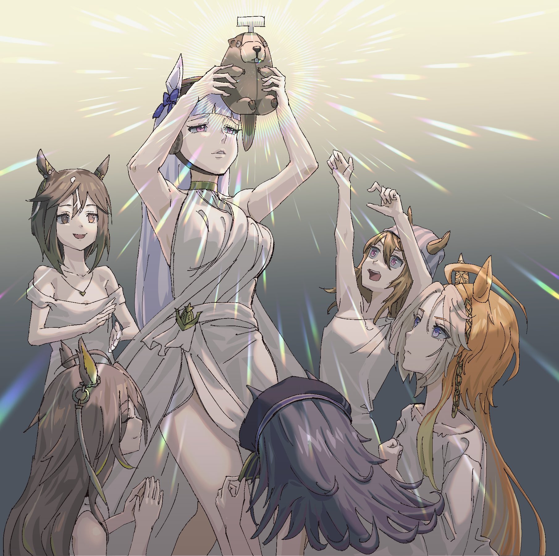 hawawa (hawawauma), dream journey (umamusume), fenomeno (umamusume), gold ship (umamusume), nakayama festa (umamusume), orfevre (umamusume), stay gold (umamusume), umamusume, shining, commentary request, highres, 6+girls, beret, black hair, blonde hair, blue eyes, blunt bangs, brown eyes, brown hair, closed eyes, collarbone, dress, gradient hair, hat, heart, heart necklace, holding, holding stuffed toy, horse girl, jewelry, long hair, matching outfits, multicolored hair, multiple girls, necklace, off-shoulder dress, off shoulder, orange hair, pink eyes, purple eyes, reaching, reaching towards another, short hair, smile, sparkle, standing, stay gold clan (umamusume), streaked hair, stuffed animal, stuffed beaver, stuffed toy, white dress, white hair