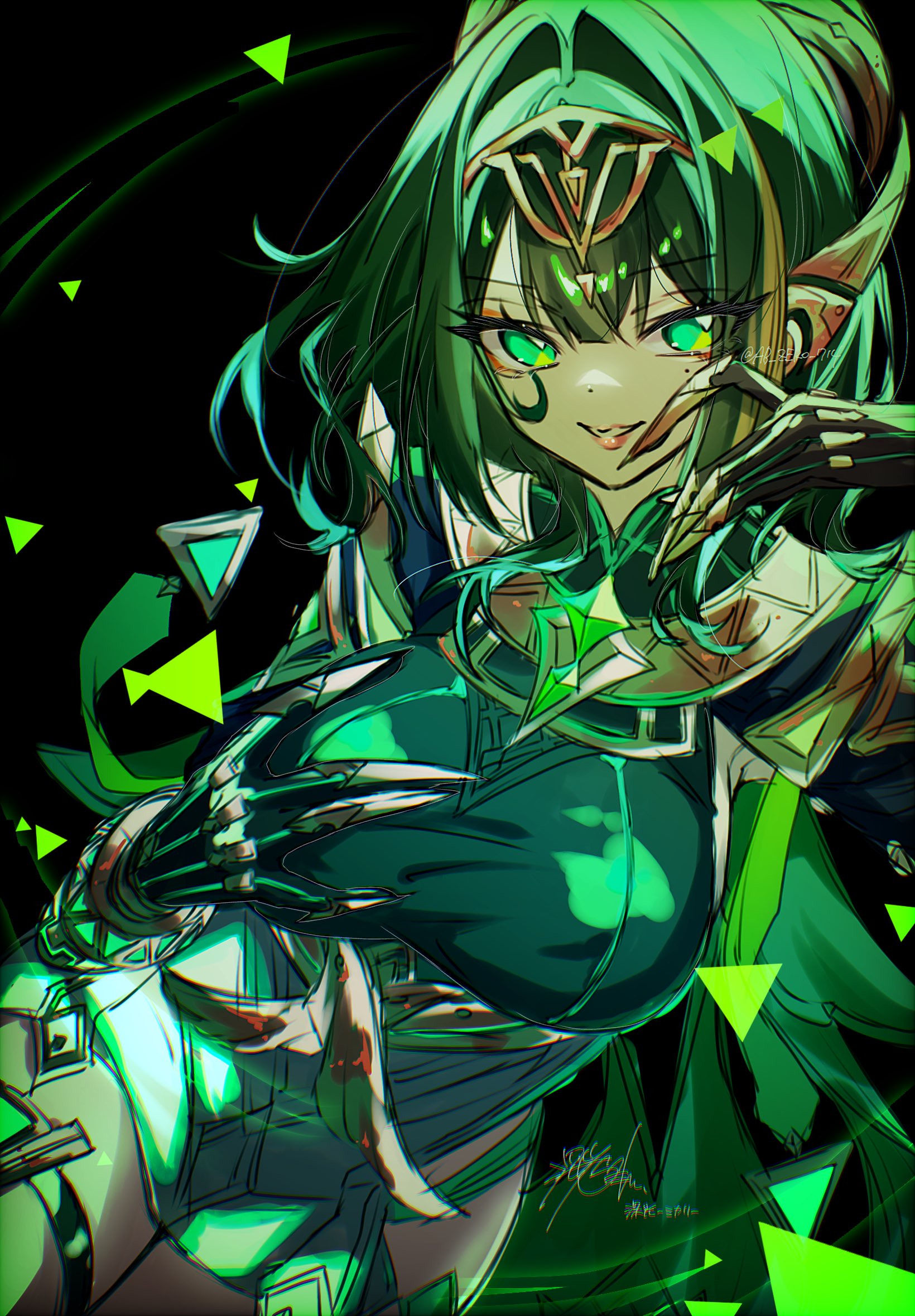 mkr aknk714, nefer (genshin impact), genshin impact, highres, 1girl, black background, breasts, claw ring, cowboy shot, dress, ear covers, facial mark, gem, green dress, green eyes, green gemstone, green hair, hair intakes, hairband, hand on own chest, large breasts, looking at viewer, mole, mole under eye, short hair, smile, solo, thigh strap, triangle