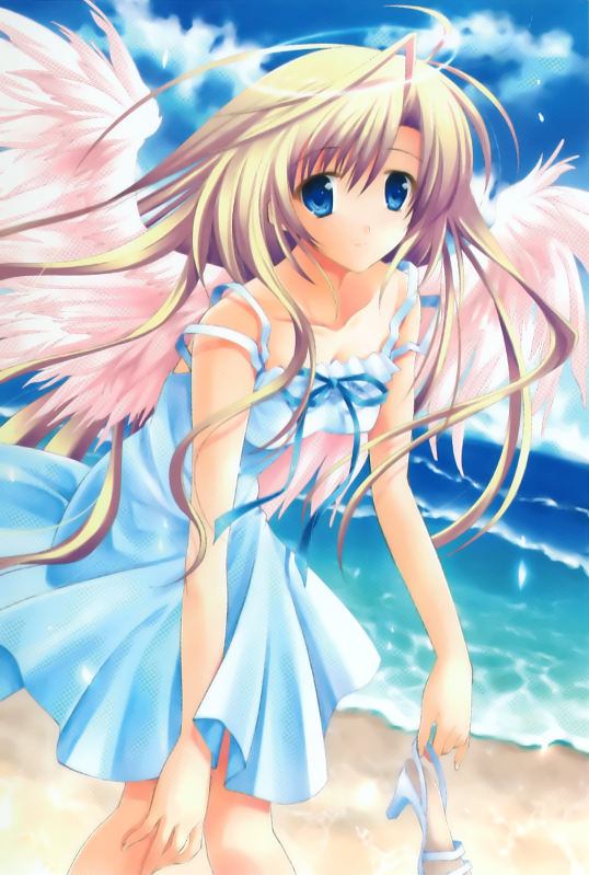 ariko youichi, non-web source, 1girl, beach, blonde hair, blue eyes, blue skirt, day, dress, female focus, halo, holding, holding shoes, holding unworn clothes, long hair, shoes, skirt, solo, unworn shoes, wings