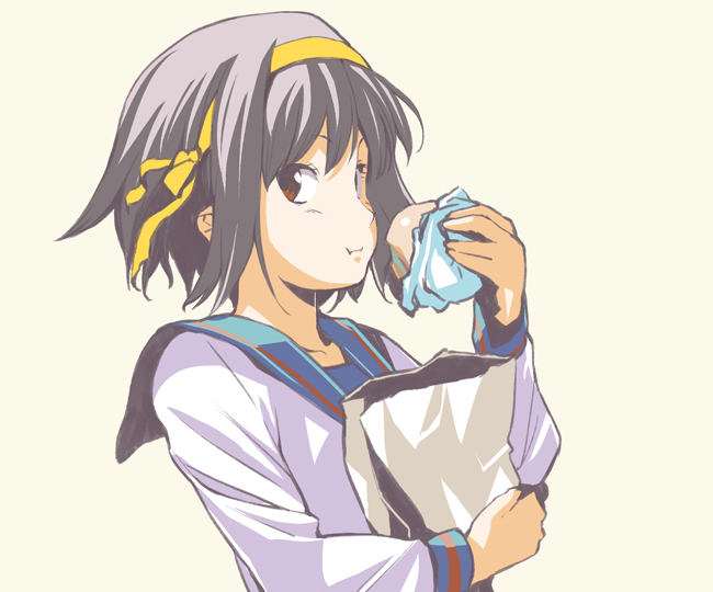yaguchiya, yaguchiya tomoshi, suzumiya haruhi, suzumiya haruhi no yuuutsu, bad id, bad pixiv id, 00s, 1girl, :i, burger, eating, female focus, food, simple background, solo, yellow background