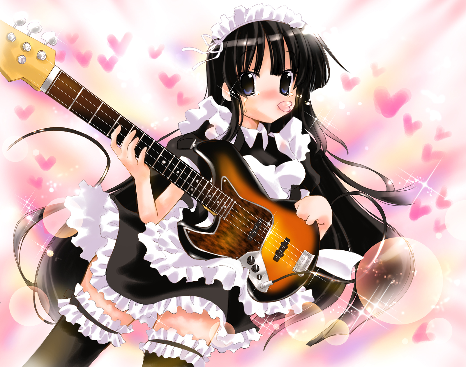 nyanmilla, akiyama mio, k-on!, bad id, bad pixiv id, highres, 00s, 1girl, alternate costume, bass guitar, black eyes, black hair, blue eyes, cherry blossoms, enmaided, female focus, frilled thighhighs, frills, guitar, heart, instrument, lens flare, lingerie, long hair, maid, maid headdress, mouth hold, petals, petticoat, solo, sparkle, tears, thighhighs, underwear, very long hair, zettai ryouiki