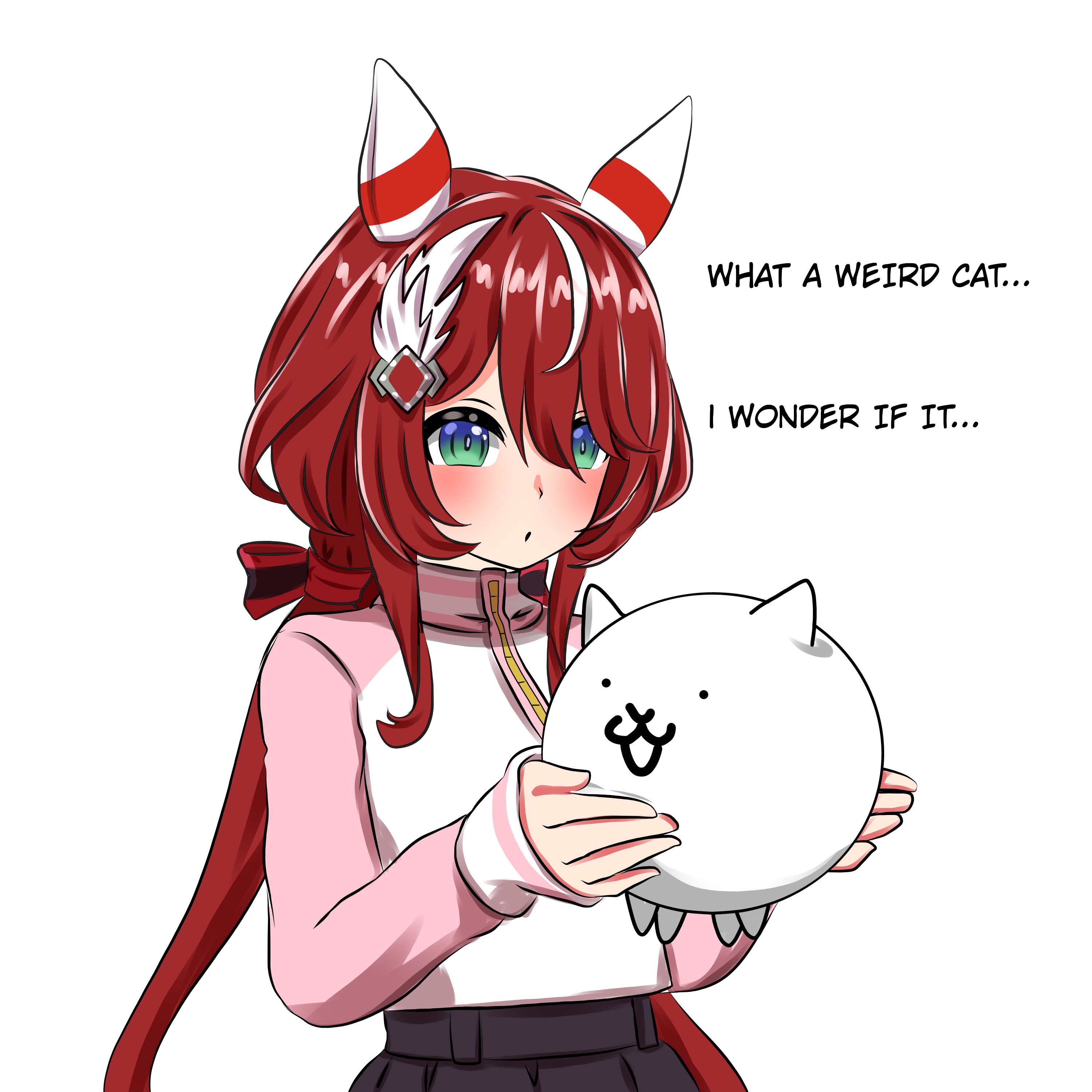 cat (nyanko daisensou), win variation (casual) (umamusume), win variation (umamusume), nyanko daisensou, umamusume, absurdres, highres, animal ears, blush, cat ears, ear covers, green eyes, hair between eyes, hair ornament, horse ears, horse girl, katyusha.v, long hair, red hair, twintails, white background