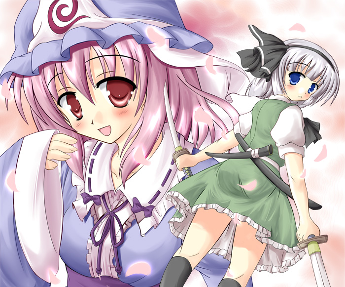 hiiragi tomoka, konpaku youmu, saigyouji yuyuko, touhou, silver hair, 2girls, blue eyes, dual wielding, female focus, gradient background, hat, holding, japanese clothes, katana, kimono, looking back, multiple girls, pink hair, ribbon, skirt, sword, upper body, weapon, white background