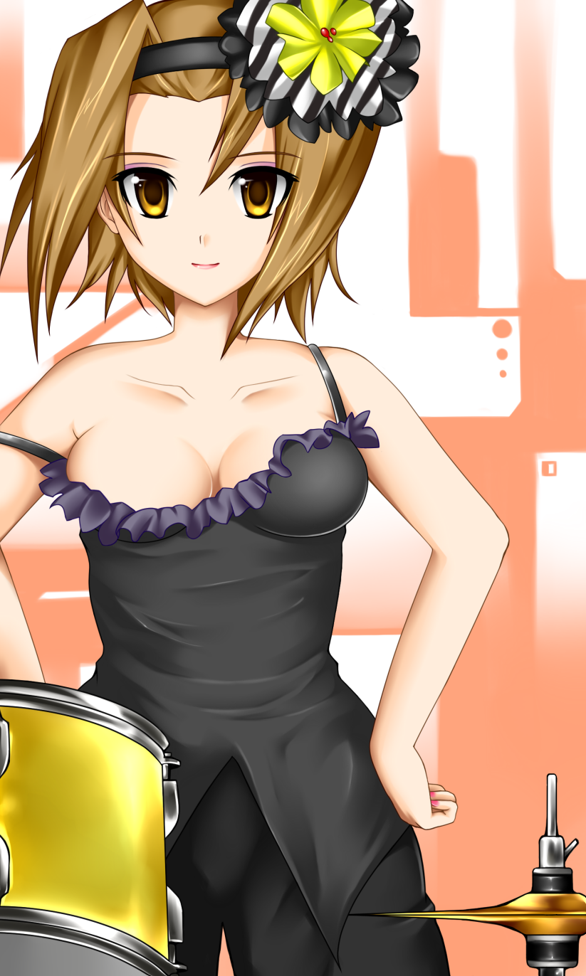 yoshimo, tainaka ritsu, don't say "lazy", k-on!, bad id, bad pixiv id, highres, 00s, 1girl, breasts, brown eyes, brown hair, cleavage, eyeshadow, female focus, flower, frills, hair flower, hair ornament, hairband, lipstick, makeup, short hair, solo, strap slip, tank top, tomboy