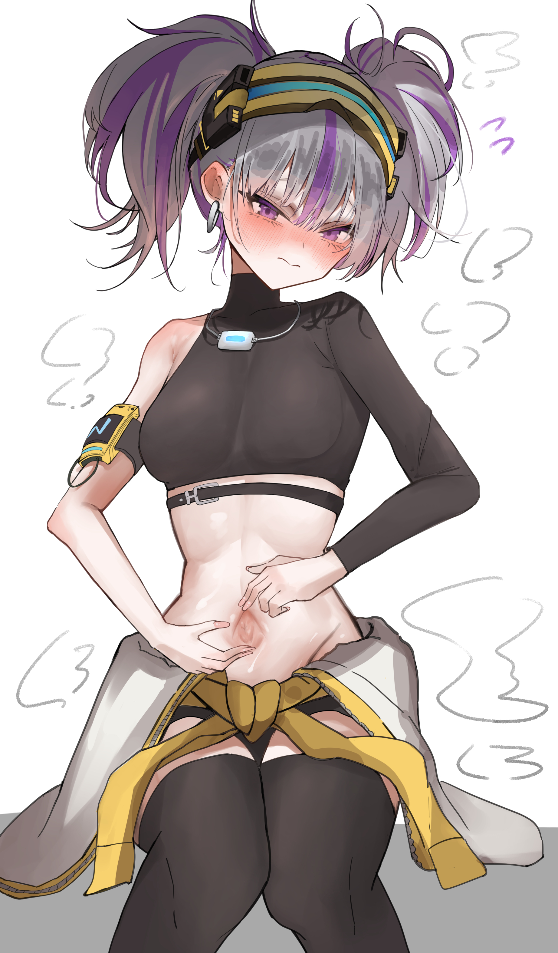 iwazaki, drilley (nikke), goddess of victory: nikke, absurdres, highres, 1girl, armlet, black shorts, black thighhighs, blush, closed mouth, clothes around waist, cowboy shot, crop top, embarrassed, grey background, grey hair, jacket, jacket around waist, jewelry, long sleeves, looking at viewer, midriff, multicolored hair, navel, purple eyes, purple hair, shorts, simple background, single sleeve, sitting, solo, spread navel, thighhighs, twintails, two-tone hair