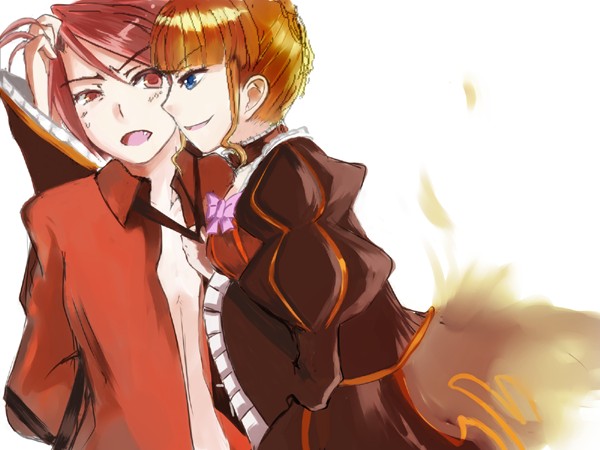 foro (planet cage), o kawa, beatrice (umineko), ushiromiya battler, umineko no naku koro ni, bad id, bad pixiv id, 00s, 1boy, 1girl, clothes grab, femdom, grabbing another's hair, holding another's hair, necktie, necktie grab, neckwear grab