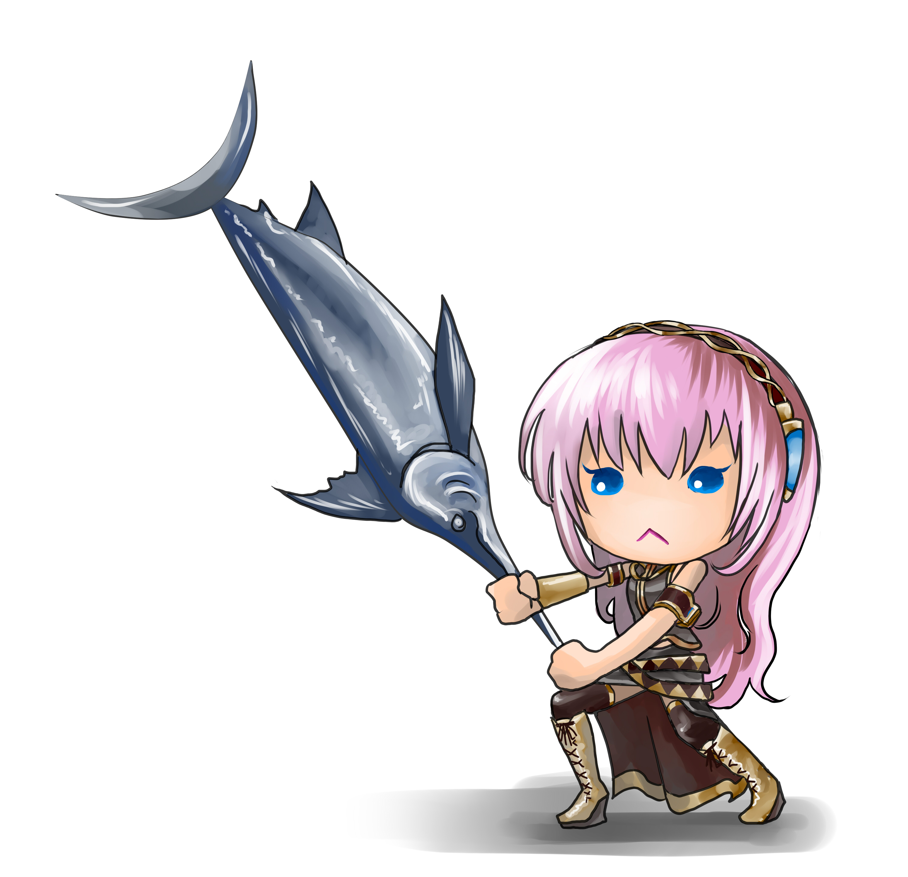 ayukisa, megurine luka, capcom, monster hunter (series), vocaloid, absurdres, highres, :<, blue eyes, fish, headband, parody, pink hair, solo, swordfish