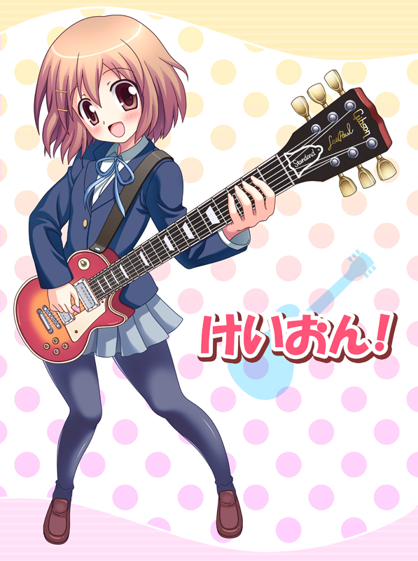 hinata keiichi, hirasawa yui, k-on!, bad id, bad pixiv id, 00s, 1girl, blue jacket, blue pantyhose, blush, brown eyes, brown hair, brown shoes, electric guitar, female focus, full body, gibson les paul, grey skirt, guitar, holding, instrument, jacket, long sleeves, looking at viewer, miniskirt, open mouth, pantyhose, pleated skirt, polka dot, school uniform, shoes, short hair, skirt, smile, solo, standing