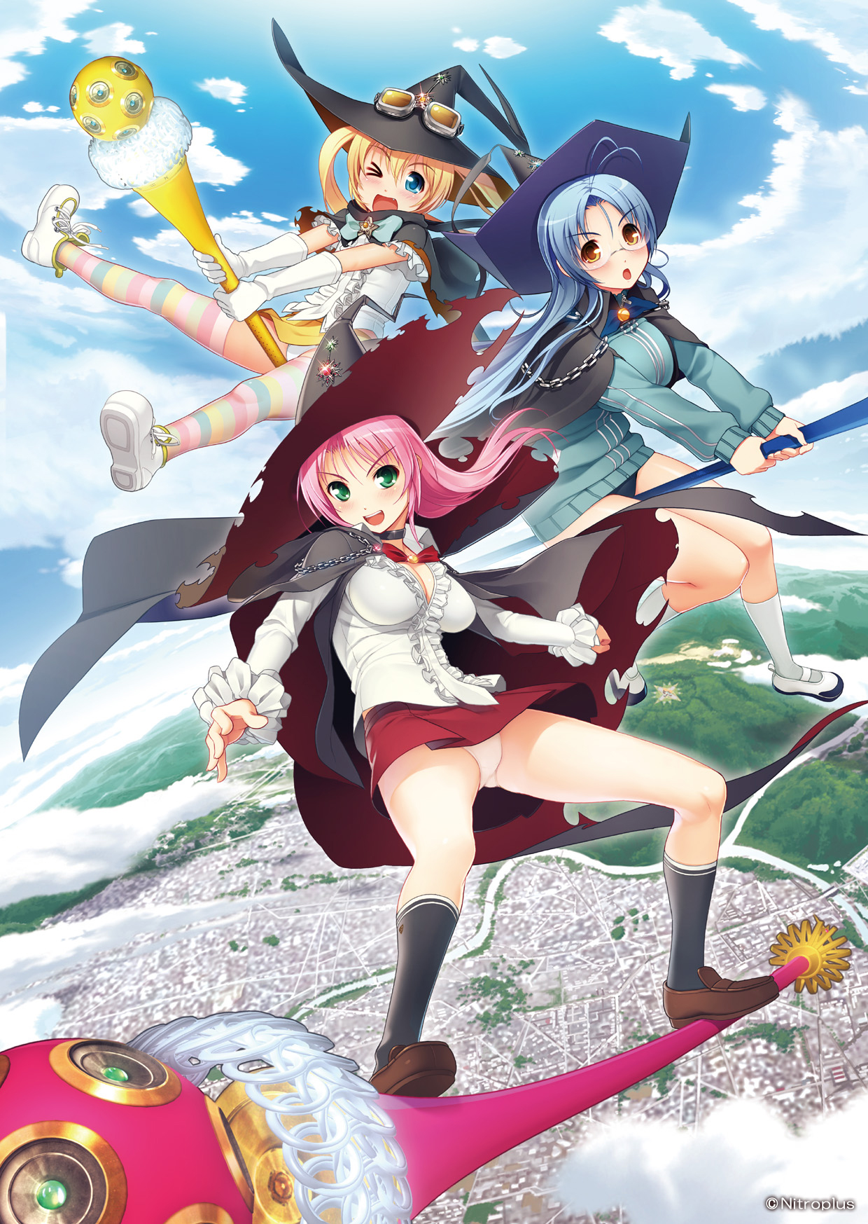 garnet (sumaga), mira (sumaga), spica (sumaga), sumaga, striped legwear, highres, 3girls, blonde hair, blue eyes, blue hair, city, cloud, day, frills, glasses, goggles, green eyes, hat, multiple girls, one eye closed, open mouth, panties, pantyshot, pink hair, sky, socks, striped clothes, striped thighhighs, thighhighs, unconventional broom, underwear, wink, witch hat, yellow eyes