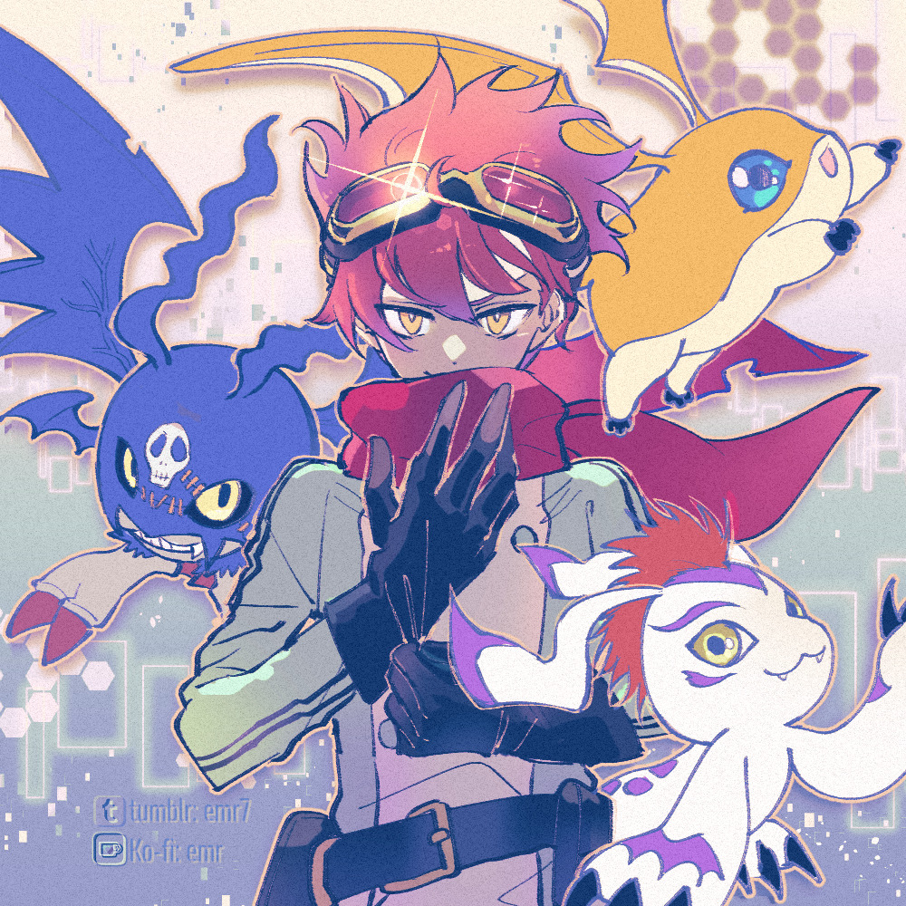gomamon, patamon, picodevimon, yuuki dan, digimon, digimon story, digimon story: time stranger, 1boy, bandana, bandana around neck, belt, black gloves, blue eyes, demon wings, digimon (creature), emr7, eye mask, gloves, goggles, goggles on head, jacket, looking at viewer, male focus, mask, mohawk, multicolored jacket, putting on gloves, red hair, red scarf, scarf, skull print, torn wings, two-tone jacket, wings, yellow eyes