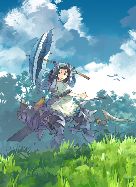 akitsu taira, original, 1girl, animal, animal ears, armor, bird, cloud, day, dress, fantasy, female focus, grass, hat, oil-paper umbrella, sky, solo, surprised, sword, tail, umbrella, weapon