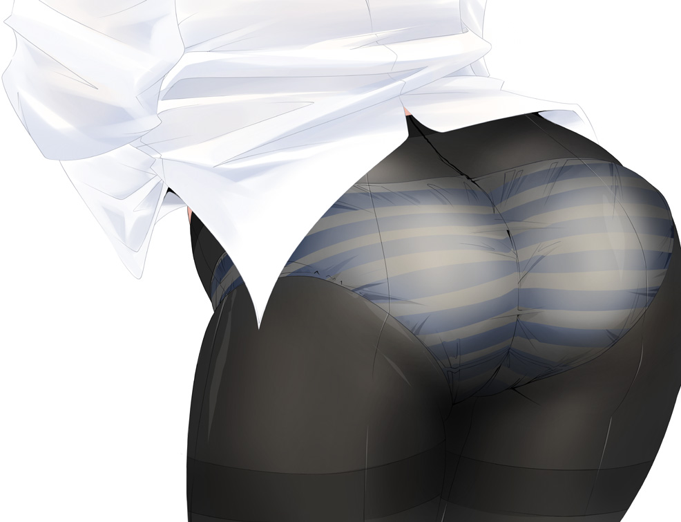 nananana nanana, original, 1girl, ass, ass focus, back-seamed legwear, blue panties, close-up, crotch seam, dress shirt, female focus, from behind, leaning forward, panties, panties under pantyhose, pantyhose, seamed legwear, see-through clothes, shirt, solo, standing, striped clothes, striped panties, thighband pantyhose, underwear