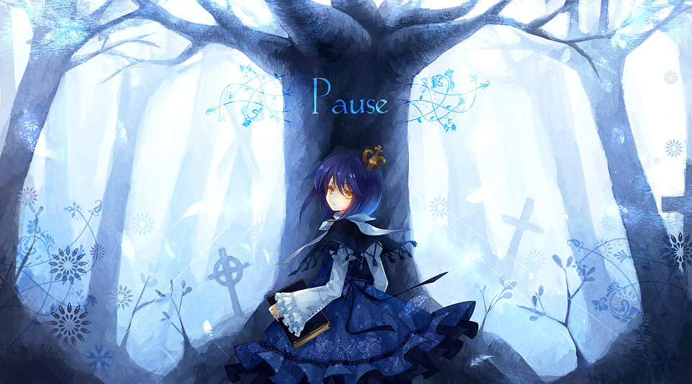 dhiea, dhiea seville (pause), original, pause (dhiea), bad id, bad pixiv id, 1girl, blue hair, book, crown, fantasy, female focus, forest, grave, looking back, nature, short hair, solo
