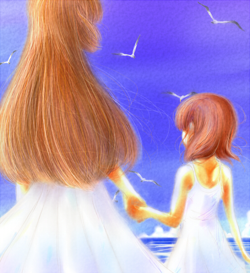 ushiromiya maria, ushiromiya rosa, umineko no naku koro ni, 00s, 2girls, age difference, bird, hime cut, holding hands, mother and daughter, multiple girls, seagull