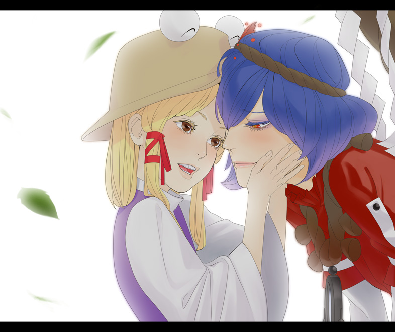 fugi jis, moriya suwako, yasaka kanako, touhou, 2girls, blonde hair, blue hair, brown eyes, eyelashes, female focus, hair ribbon, hands on another's face, hat, leaf, mirror, multiple girls, realistic, red eyes, ribbon, rope