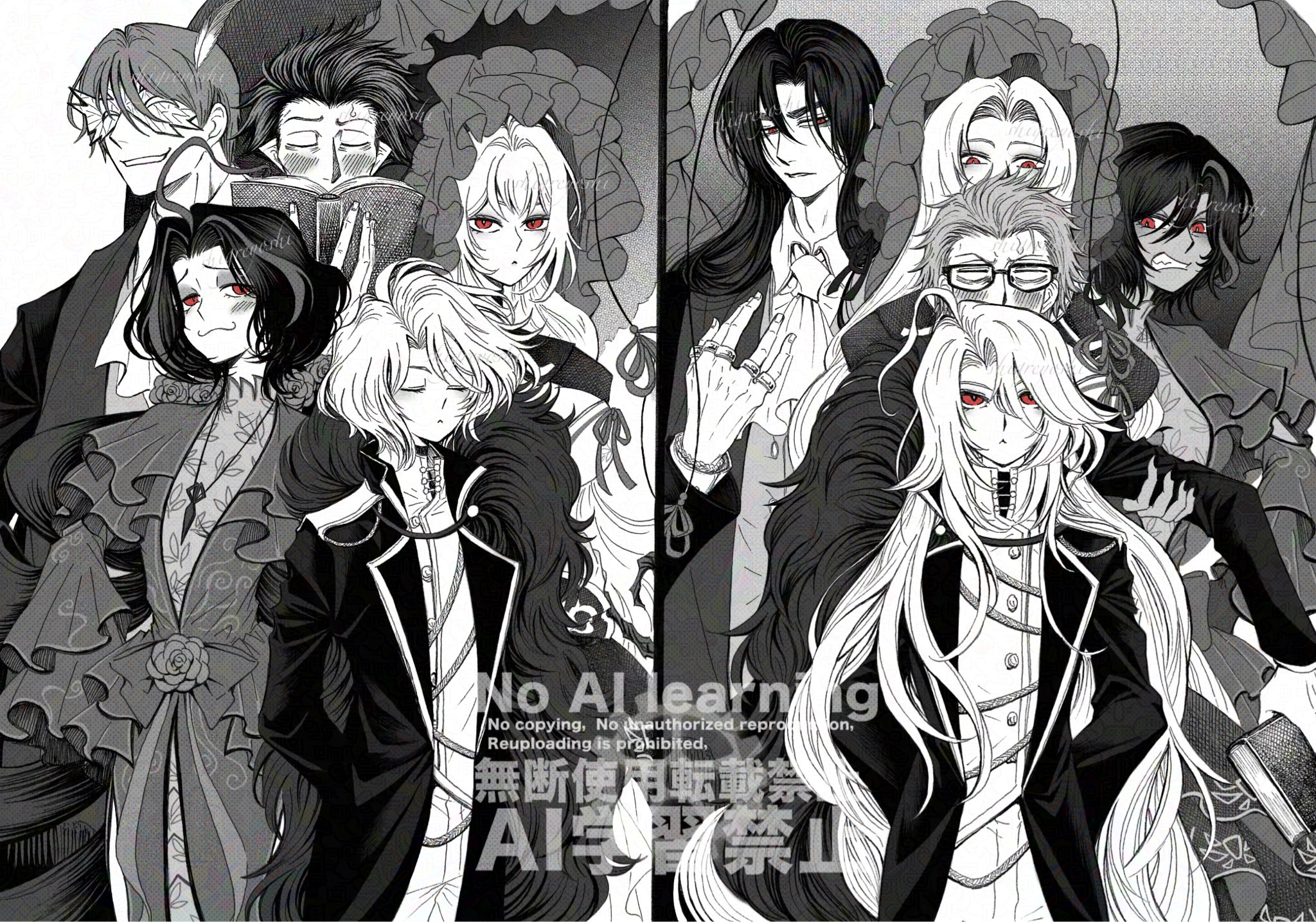 curiambro (project moon), don quixote (project moon), dulcinea (project moon), gregor (project moon), meursault (project moon), nicolina (project moon), outis (project moon), rodion (project moon), sancho (project moon), limbus company, project moon, highres, 4boys, 5girls, :3, ahoge, angry, aristocratic clothes, arms behind back, ascot, black coat, black hair, blush, bonnet, breast ribbon, cape, cassetti (project moon), cheekbones, closed eyes, coat, collared shirt, dress, drill hair, eyeshadow, facing viewer, feather boa, frilled bonnet, frilled headwear, frilled umbrella, frills, fur cape, glasses, grey eyeshadow, hair slicked back, height difference, holding, holding umbrella, jacket, jewelry, la manchaland (identity) (project moon), lapels, long hair, long sleeves, looking at another, looking at viewer, makeup, mask, masquerade mask, multicolored hair, multiple boys, multiple girls, notched lapels, one eye closed, parasol, parted bangs, partially colored, peeking, reading, red eyes, ring, sash, shirt, short hair, signature, simple background, smile, smug, stole, streaked hair, trait connection, twin drills, twintails, umbrella, vampire, very long hair, vtvsqazjjguhfrd, watermark, white ascot, white background, white shirt