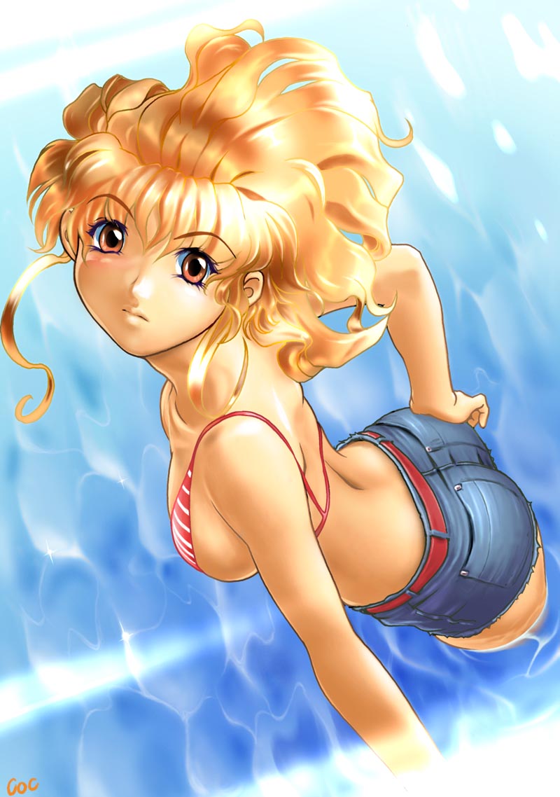 1girl, bikini, bikini top only, blonde hair, breasts, denim, denim shorts, female focus, medium breasts, shorts, sideboob, solo, swimsuit, water