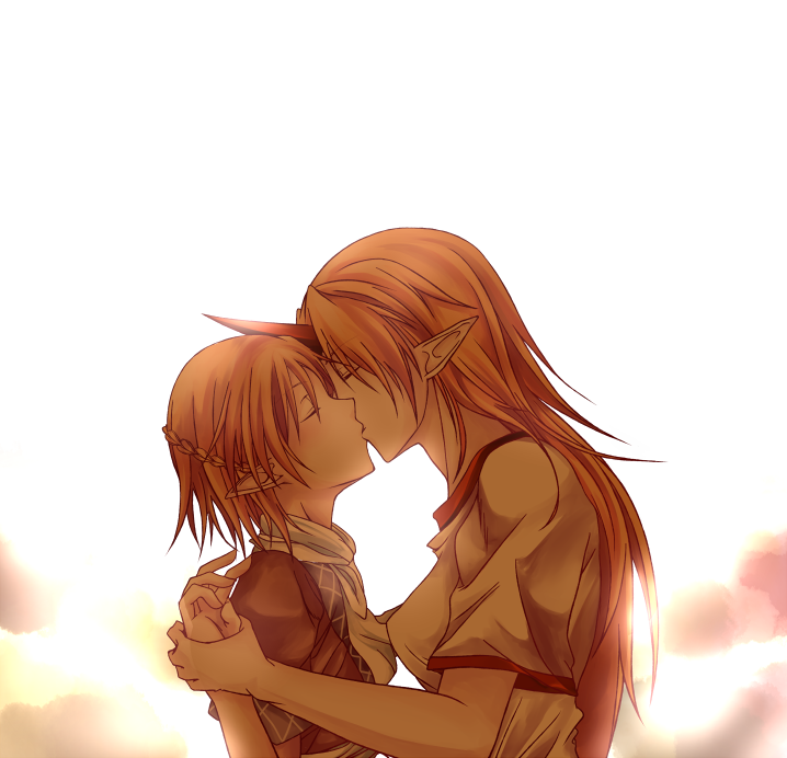 safai, hoshiguma yuugi, mizuhashi parsee, touhou, bad id, bad pixiv id, 2girls, blonde hair, couple, female focus, horns, kiss, long hair, multiple girls, single horn, yuri