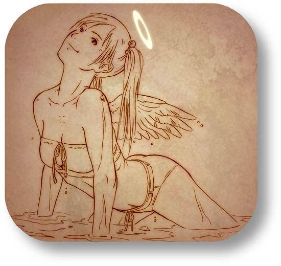 aaru sentou shuudan, midori (haibane renmei), haibane renmei, 00s, 1girl, bare shoulders, bikini, brown theme, female focus, halo, long hair, monochrome, rounded corners, solo, swimsuit, traditional halo, twintails, wet, wings