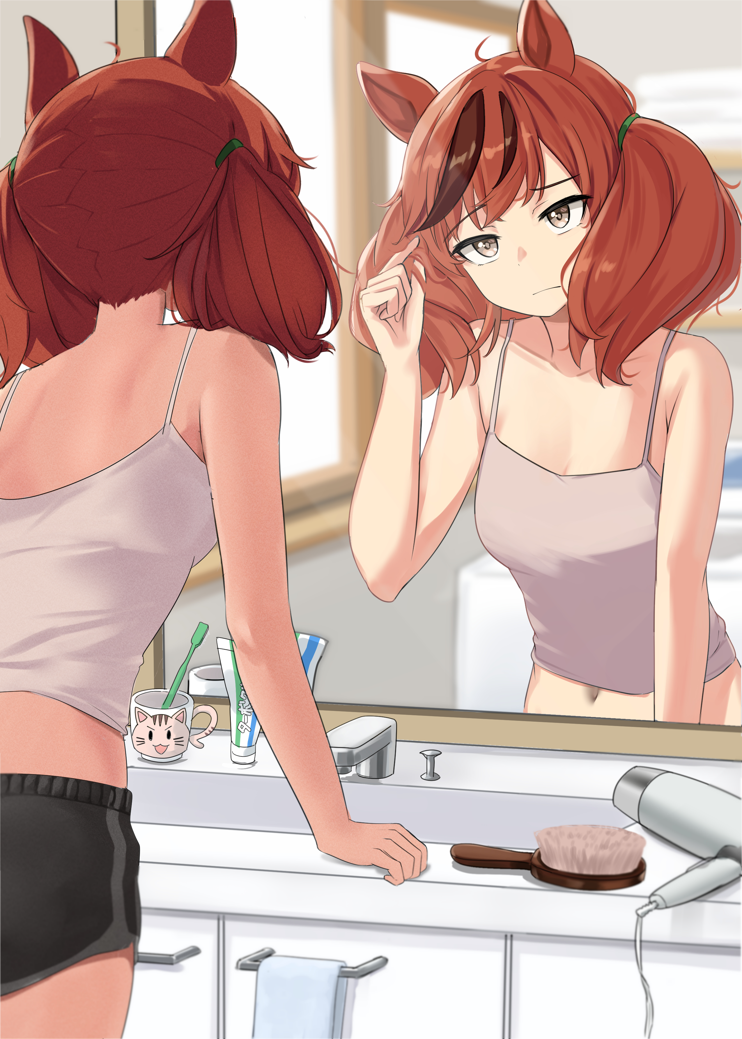 miyama mizuki (hoshihoshi1220), nice nature (umamusume), umamusume, absurdres, commentary request, highres, 1girl, animal ears, black shorts, breasts, brown eyes, brown hair, camisole, comb, cup, dolphin shorts, grey camisole, hair dryer, horse ears, horse girl, indoors, looking at mirror, looking at self, midriff, mirror, multicolored hair, navel, reflection, reflection focus, short shorts, shorts, sink, small breasts, solo, streaked hair, toothbrush, toothpaste, twintails