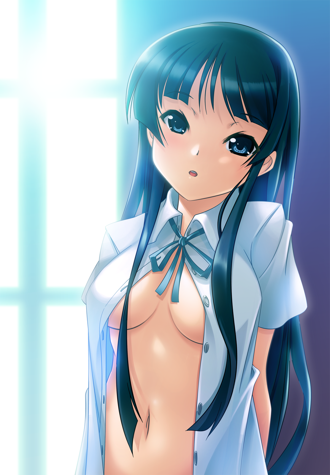 amagata (from dusk till dawn), akiyama mio, k-on!, bad id, bad pixiv id, highres, 00s, 1girl, arms behind back, black hair, blue eyes, breasts, female focus, long hair, navel, no bra, open clothes, open shirt, school uniform, shirt, solo, sunlight, underboob