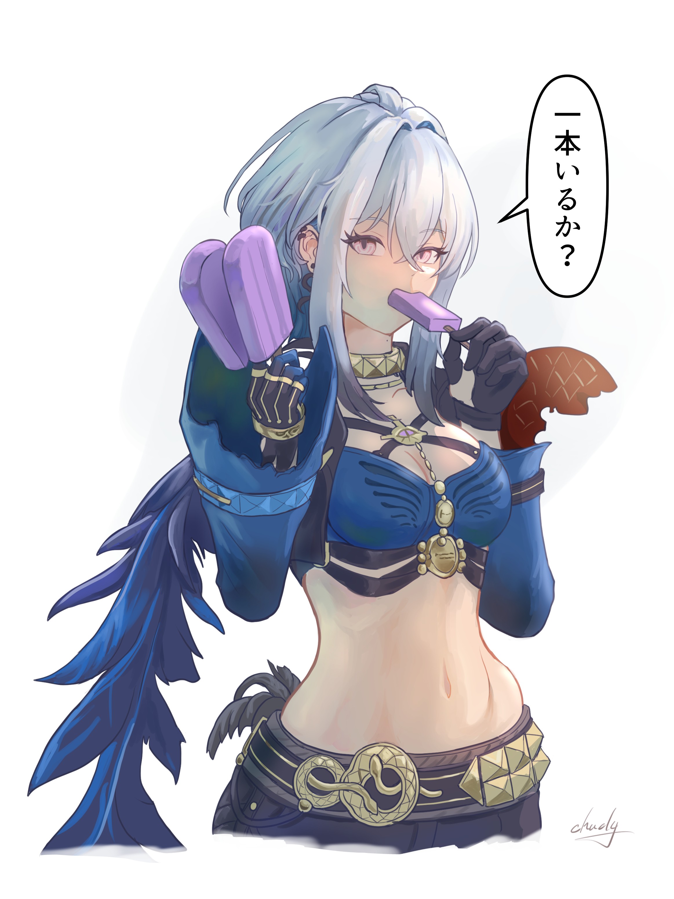 chucky (chucky1000sun), galbrena (wuthering waves), wuthering waves, absurdres, commentary request, highres, translation request, 1girl, black gloves, blue bra, bra, earrings, food, gloves, grey hair, hair between eyes, holding, holding food, holding popsicle, jewelry, looking at viewer, medium hair, navel, popsicle, purple eyes, sidelocks, signature, simple background, solo, stomach, underwear, white background