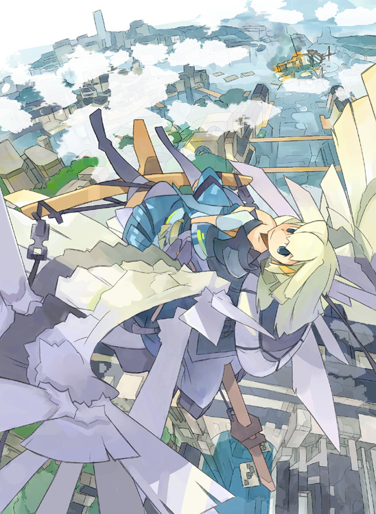 akitsu taira, original, blonde hair, cityscape, cloud, fantasy, ruins, ship, solo, water, watercraft, wings