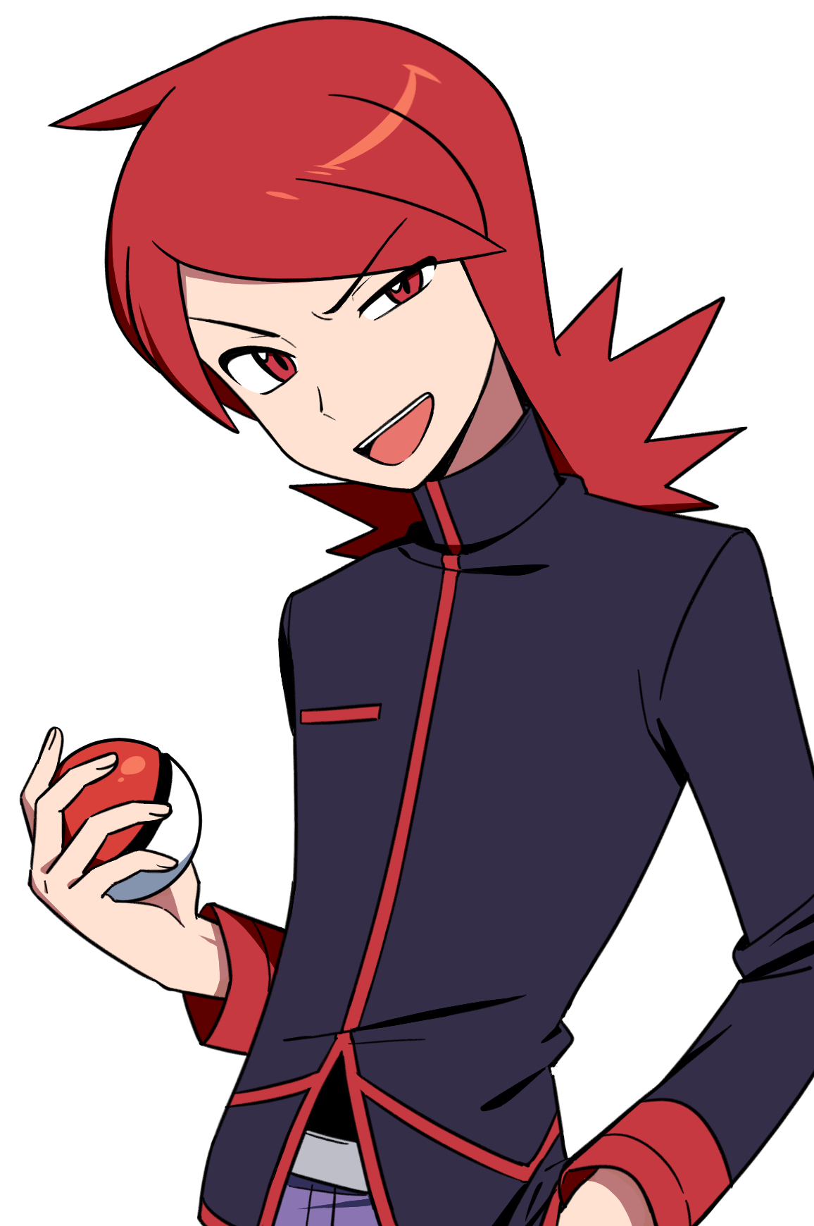 chueog, silver (pokemon), nintendo, pokemon, pokemon hgss, highres, 1boy, holding, holding poke ball, jacket, looking at viewer, male focus, open mouth, pants, poke ball, poke ball (basic), purple jacket, purple pants, red eyes, red hair, simple background, solo, teeth, upper body, upper teeth only, white background